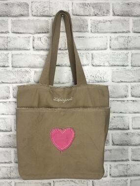 Life Is Good Canvas Tote Bag Tan Pink Heart Distressed Fringe Cotton Shoulder